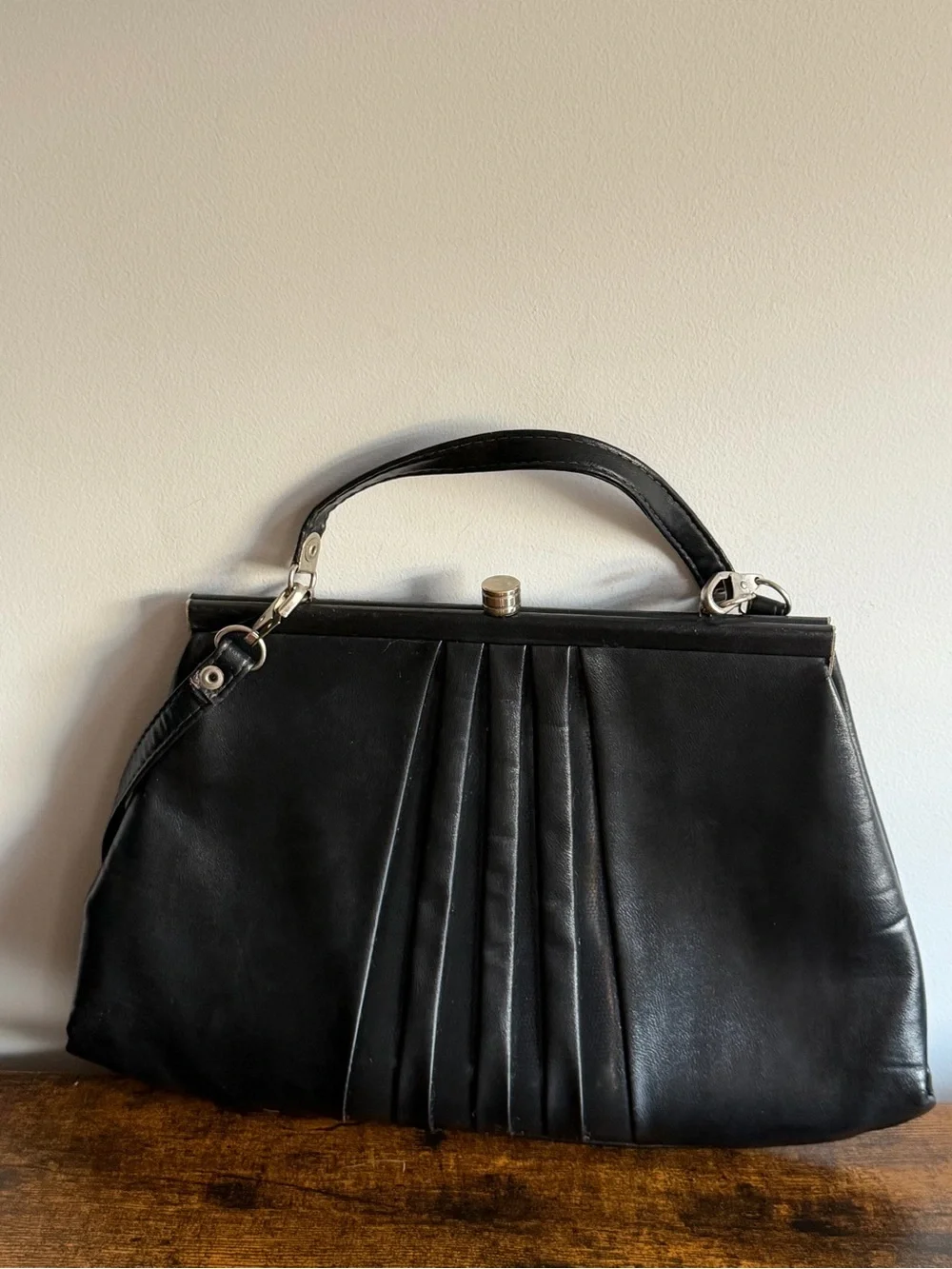 Vintage 1950s Black Pleated Frame Handbag ILGWU Union Made Mid Century Purse